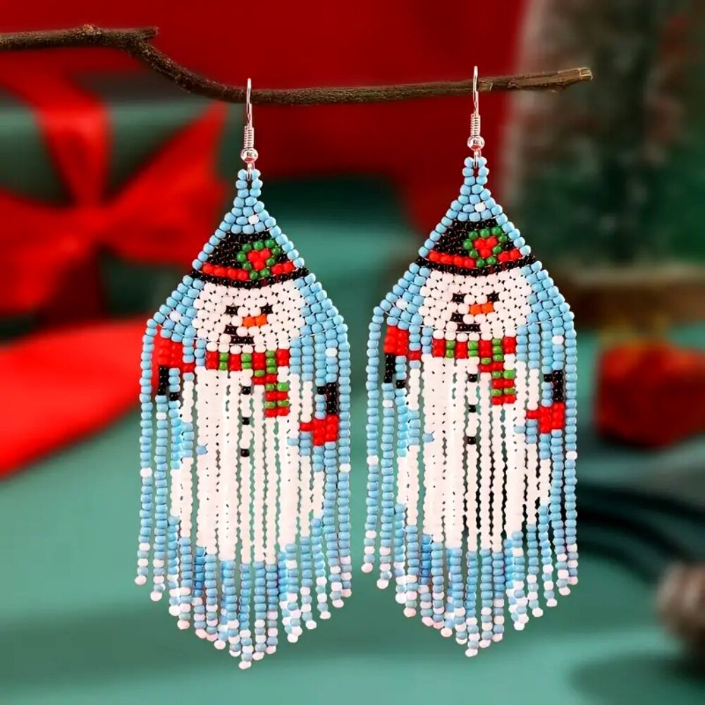 Beautiful Handmade Vintage Snowman Bead Tassel Silver Hooks • Christmas Earrings